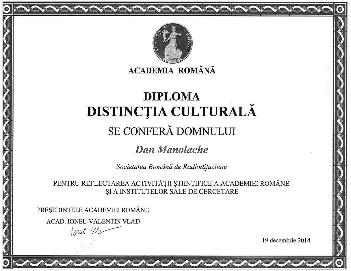 Diploma Distincţia Culturală pentru Dan Manolache