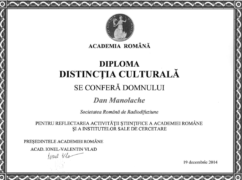 Realizatorul de emisiuni de la Radio Romania Cultural, Dan Manolache – Diploma Distinctia Culturala