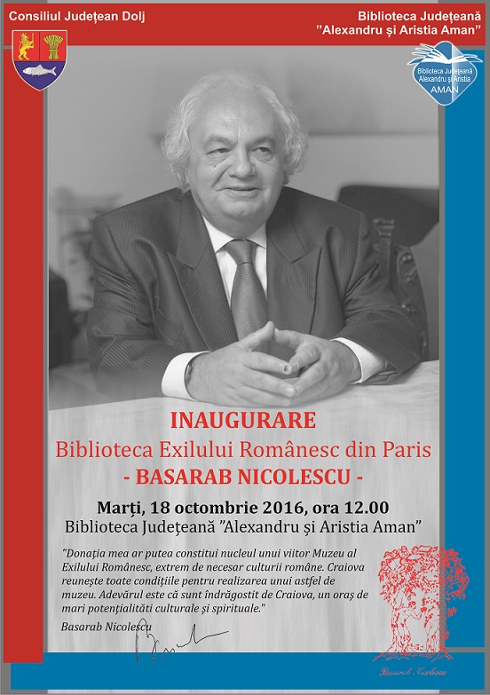 Astăzi, la Craiova, se va inaugura o bibliotecă dedicată exilului românesc din Paris