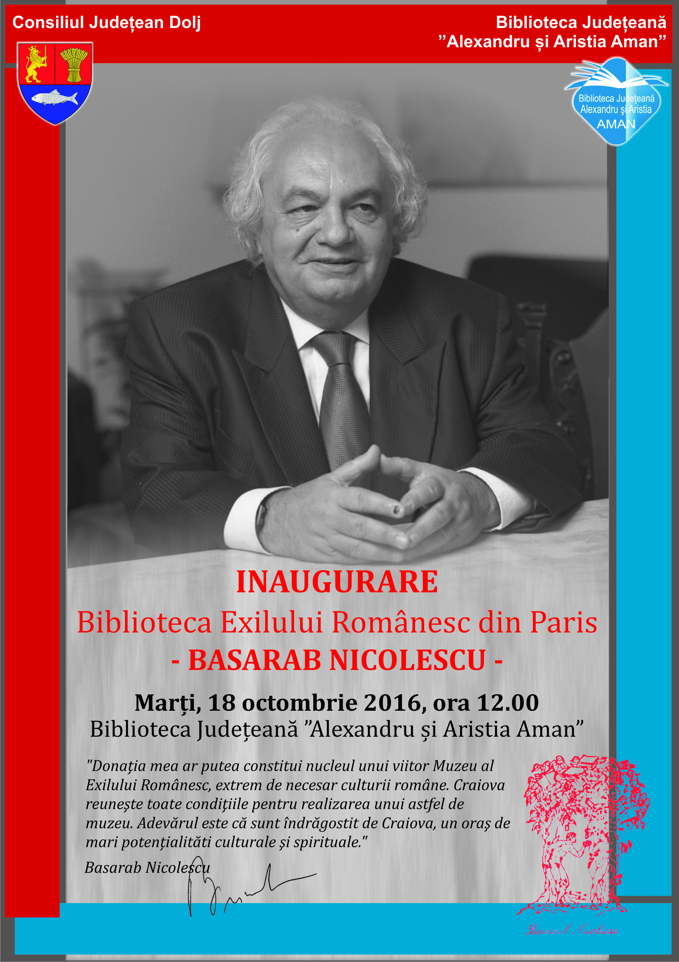“Biblioteca Exilului Românesc din Paris – Basarab Nicolescu” va fi inaugurată marți, 18 octombrie, la Biblioteca Aman