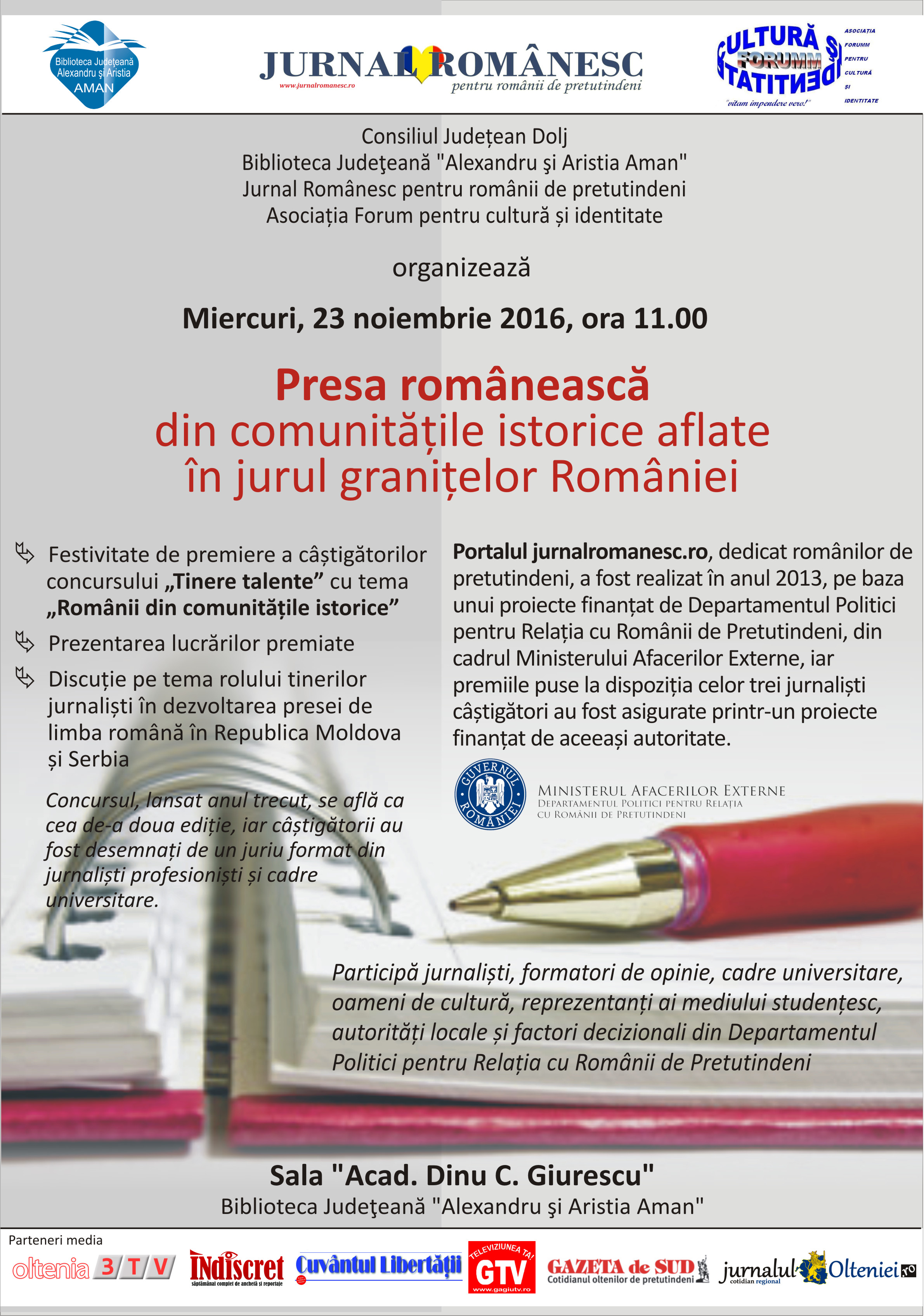 Biblioteca Județeană „Alexandru și Aristia Aman organizeaza evenimentul: ”Presă românească din comunitățile istorice aflate în jurul granițelor României”
