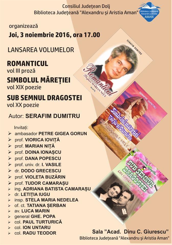 Biblioteca Județeană „Alexandru și Aristia Aman” vă invită joi, 3 noiembrie 2016, la lansarea mai multor volume