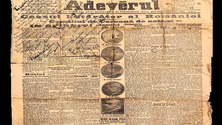 Povestea ziarului „Adevĕrul”din 15 august 1916 care anunţa intrarea României în Primul Război Mondial