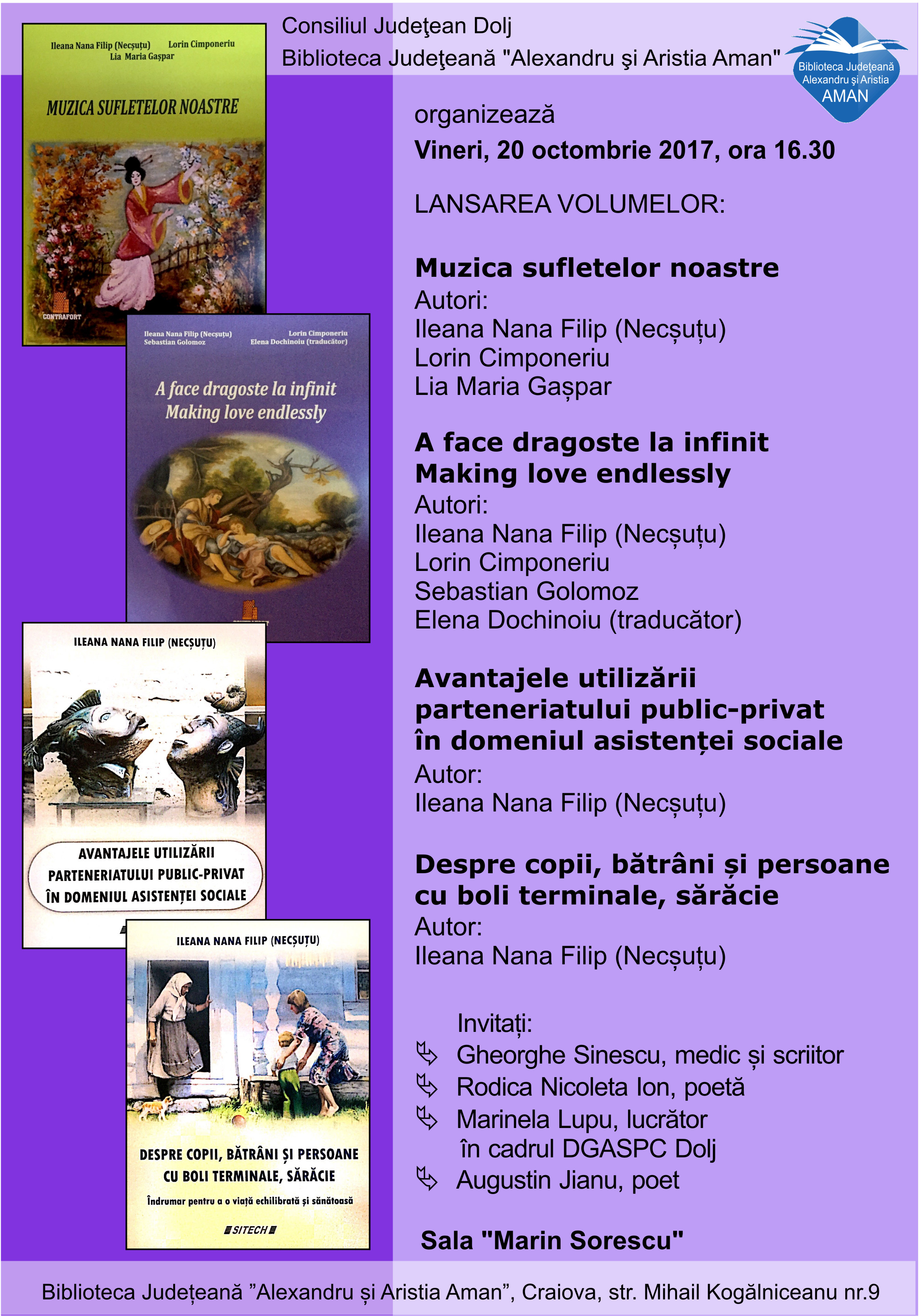 Biblioteca Județeană “Alexandru și Aristia Aman” organizează vineri, 20 octombrie, lansarea mai multor titluri