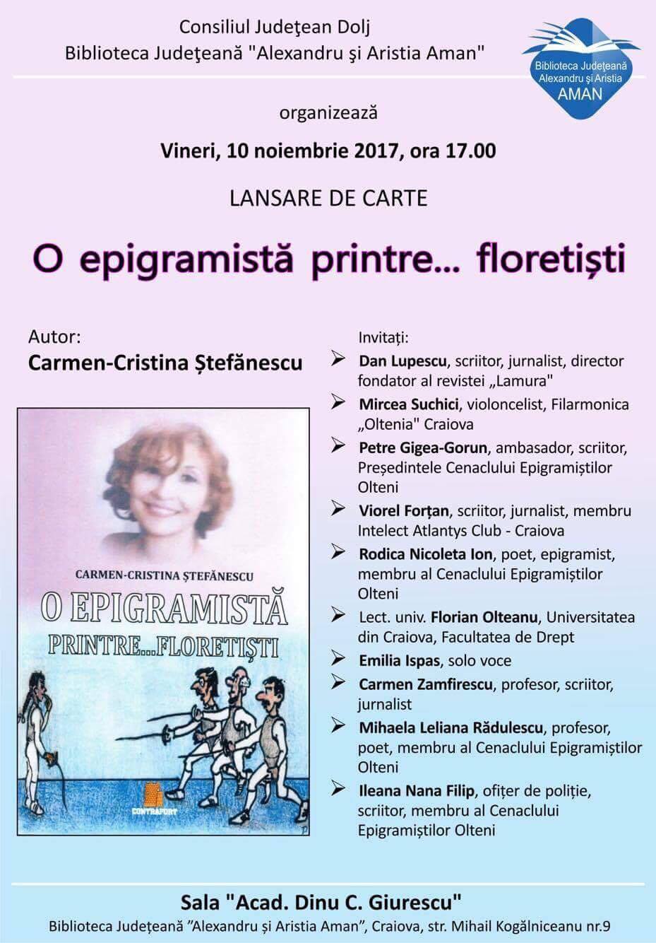 Lansarea volumului ”O epigramistă…printre floretiști” la biblioteca Județeană “Alexandru și Aristia Aman”