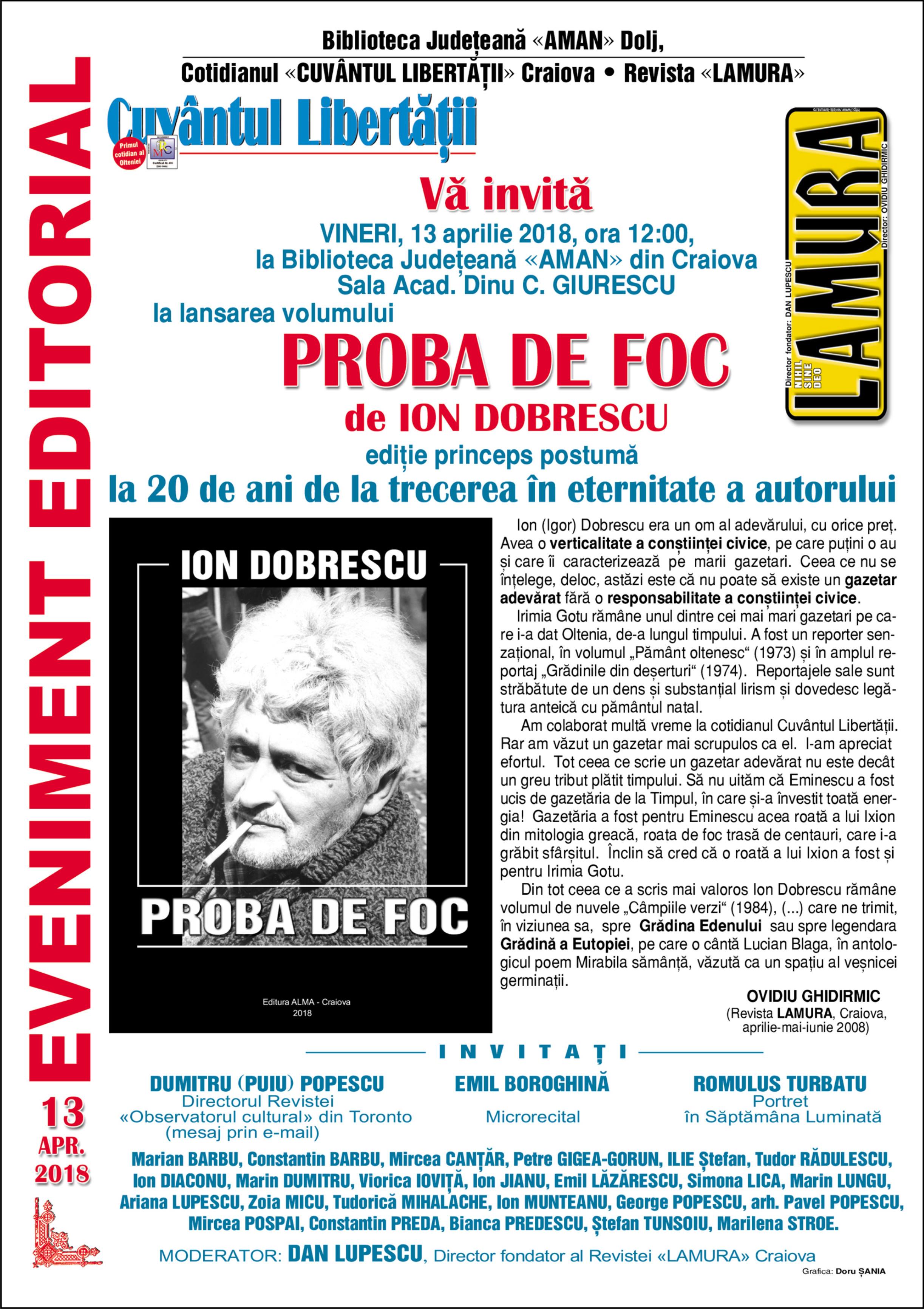 Biblioteca Județeană “Alexandru și Aristia Aman” găzduiește lansarea volumului ”Proba de foc”, autor Ion Dobrescu