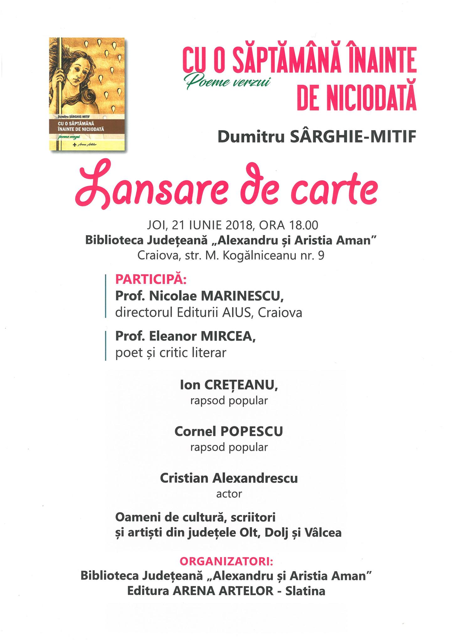 Biblioteca Județeană „Alexandru și Aristia Aman” organizează lansarea volumului „Cu o săptămână înainte de niciodată. Poeme verzui”