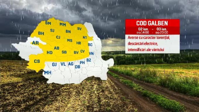 Cod galben de furtuni în aproape trei sferturi din ţară. Cât de mult va ploua duminică