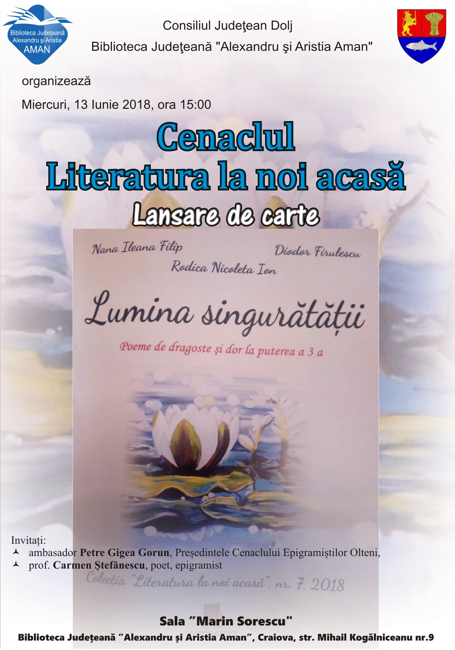 Biblioteca Județeană „Alexandru și Aristia Aman” organizează lansarea volumului „Lumina singurătății