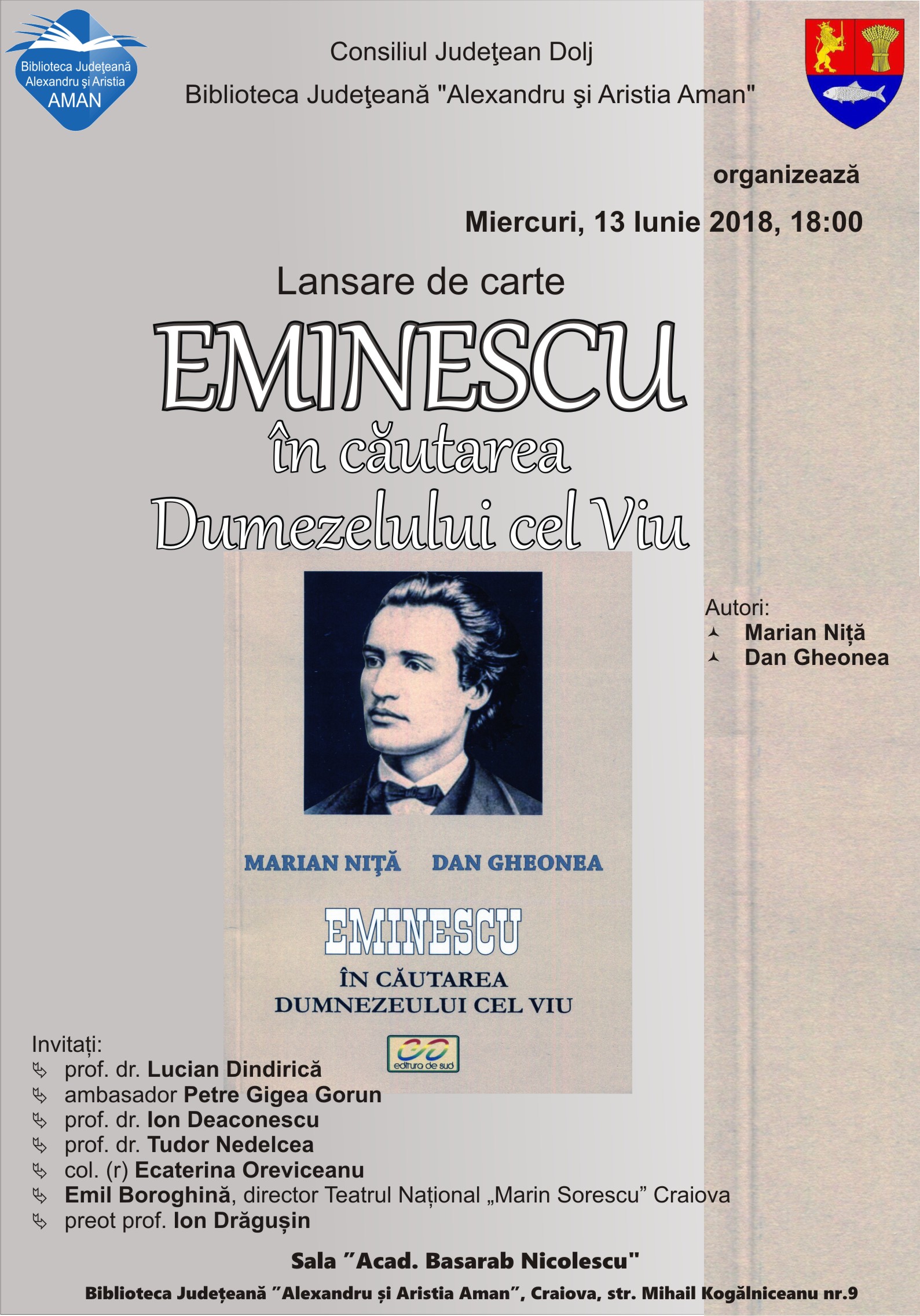 Biblioteca Județeană “Alexandru și Aristia Aman” organizează lansarea volumului „Eminescu în căutarea Dumnezeului cel viu”