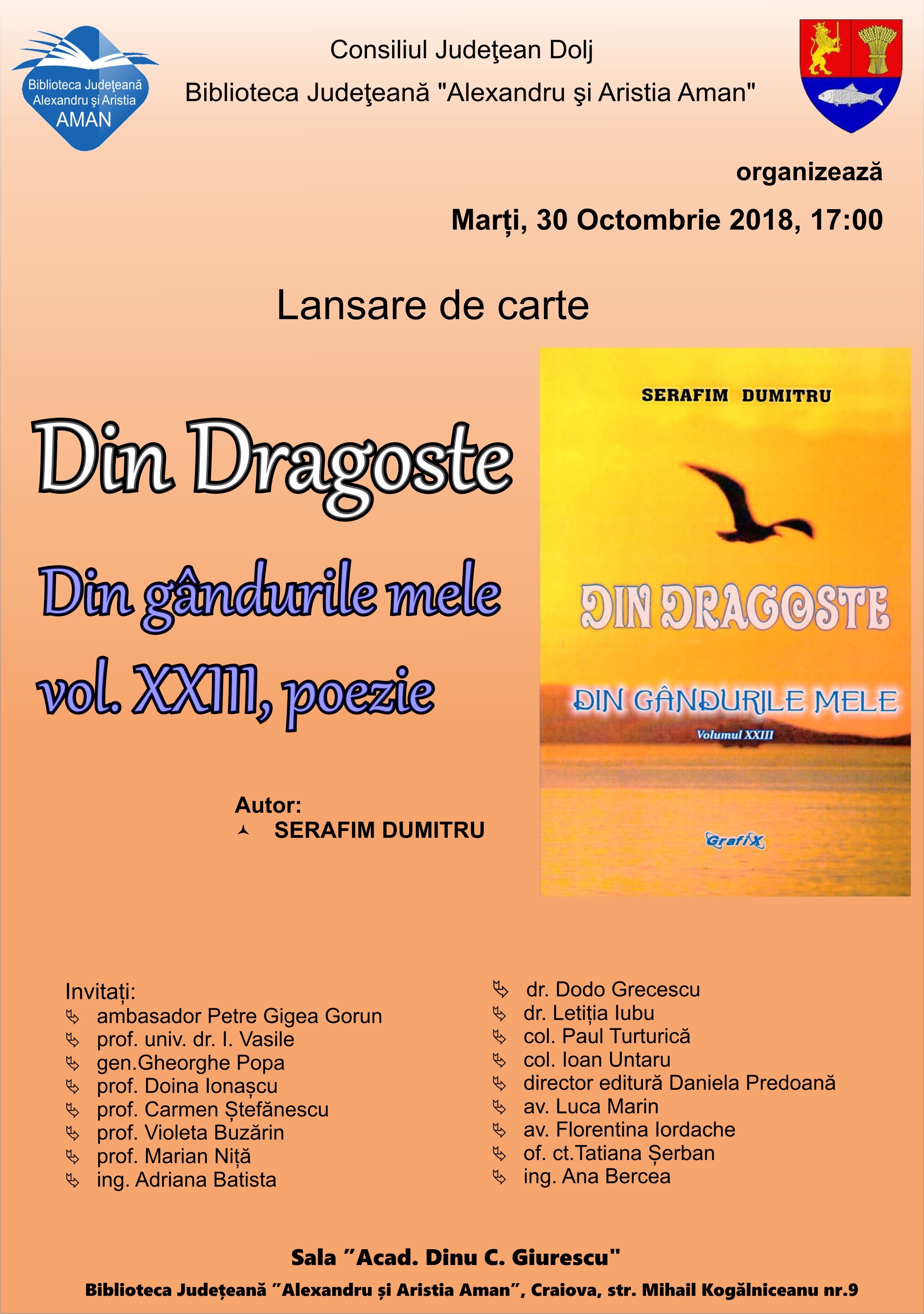 Biblioteca Județeană „Alexandru și Aristia Aman” găzduiește ansarea volumului de poezie „Din dragoste – Din gândurile mele”, vol. XXIII