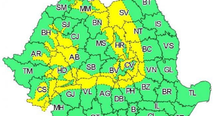 Cod portocaliu și Cod galben de vânt puternic, în 27 de județe
