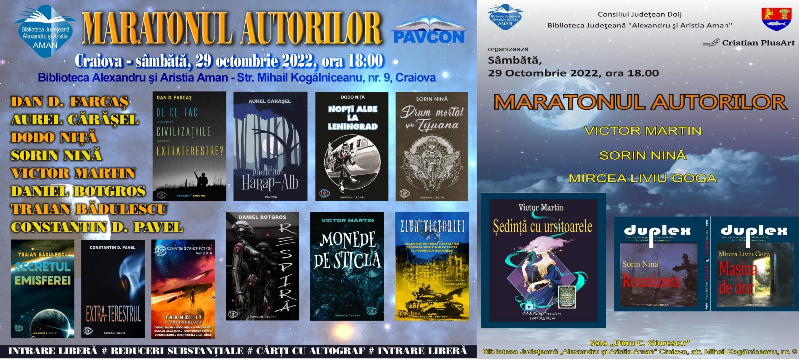 Sâmbătă, 29 octombrie, la Biblioteca Aman din Craiova, au loc lansări de cărți ale editurilor Pavcon și Cristian PlusArt