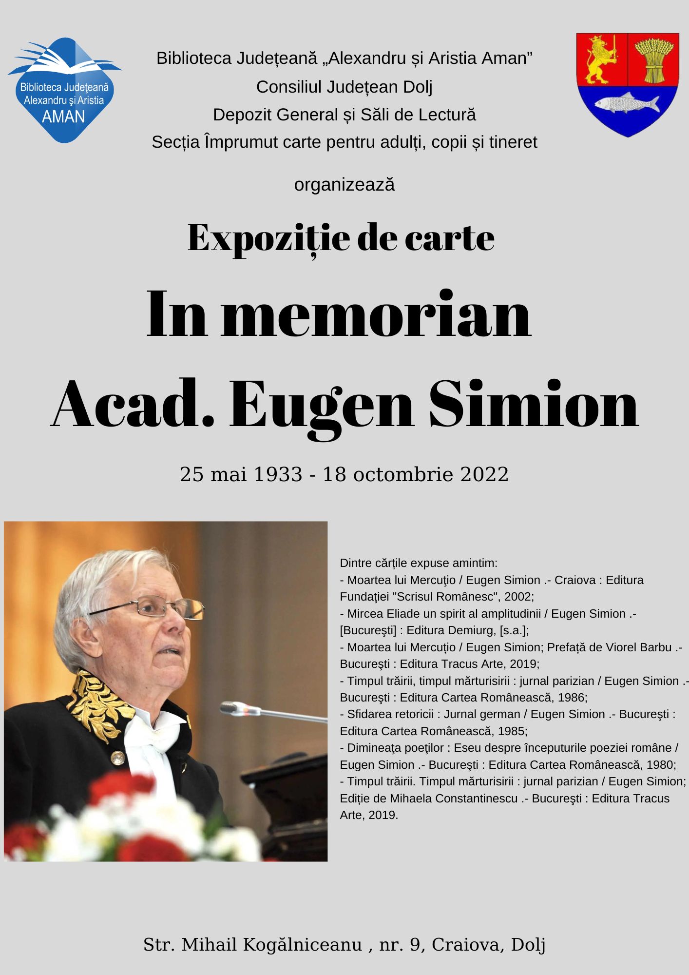 Biblioteca Județeană „Alexandru și Aristia Aman” organizează două expoziții de carte