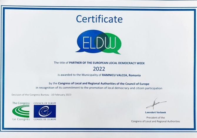 Râmnicu Vâlcea, pentru a patra oară, „Partener” al Săptămânii Europene pentru Democrație Locală