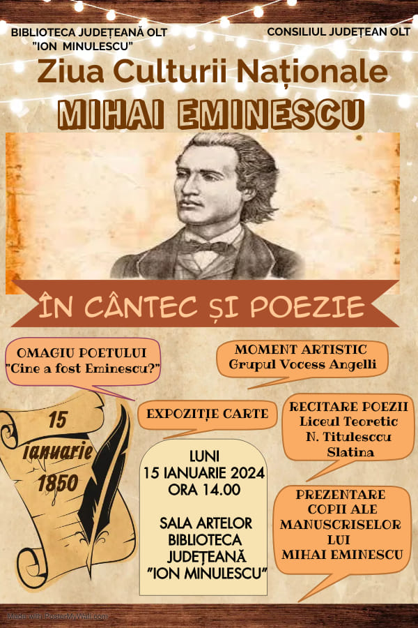 „Eminescu în cântec și poezie”, la Biblioteca Județeană „Ion Minulescu” Slatina