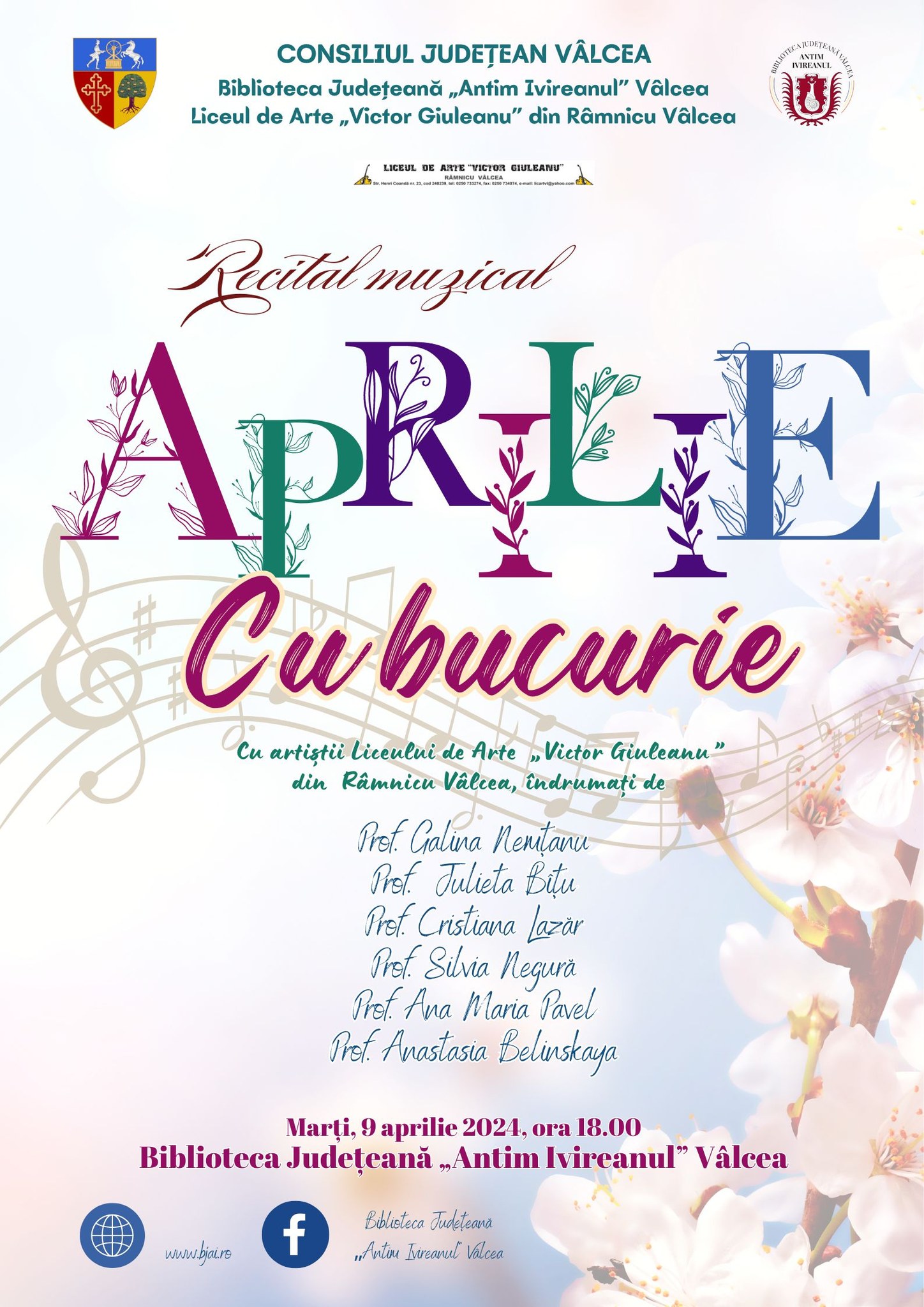 Serată muzicală de excepție la Biblioteca „Antim Ivireanul” din Râmnicu Vâlcea: Elevii Liceului „Victor Giuleanu” încântă publicul cu recitalul „Aprilie cu Bucurie”
