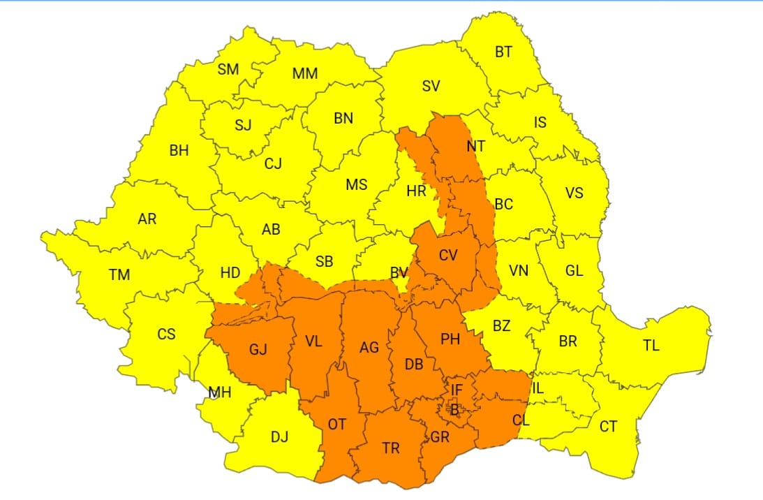 România, măturată de ploi abundente şi vânt puternic. Sunt coduri galbene și portocalii în toate regiunile