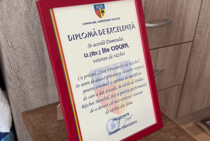 Vâlcea: Cel mai vârstnic veteran din Al Doilea Război Mondial va primi titlul de titlul de Cetățean de Onoare