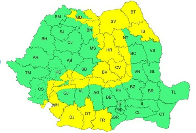 Cod galben de vânt și ninsori viscolite în mai multe regiuni ale țării