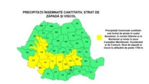 Cod galben de vânt puternic și ploi abundente în mai multe județe. Ninsori și viscol la munte