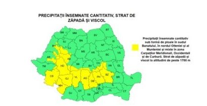 Cod galben de vânt puternic și ploi abundente în mai multe județe. Ninsori și viscol la munte