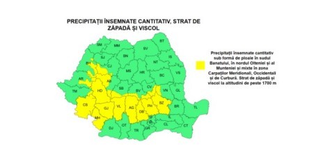 Cod galben de vânt puternic și ploi abundente în mai multe județe. Ninsori și viscol la munte