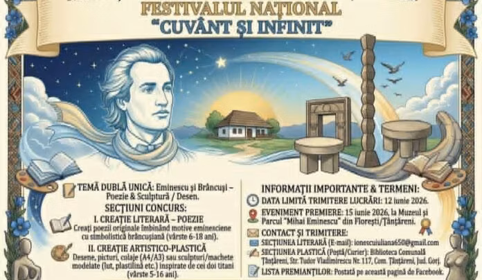 Gorj: Festival-concurs național dedicat lui Eminescu și Brâncuși, organizat la Țânțăreni