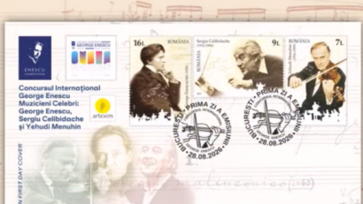 Romfilatelia: Emisiune filatelică „Concursul George Enescu. Muzicieni celebri: George Enescu, Sergiu Celibidache și Yehudi Menuhin”