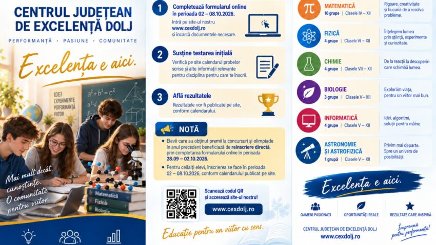 Centrul Județean de Excelență Dolj, rezultate remarcabile la olimpiadele naționale. Încep înscrierile pentru anul școlar 2026-2027