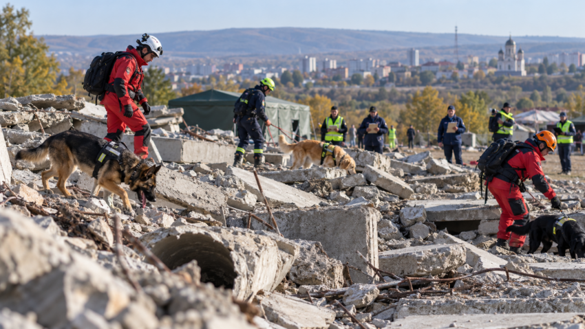 Peste 50 de concurenți și câini salvatori participă la competiția internațională de la Craiova